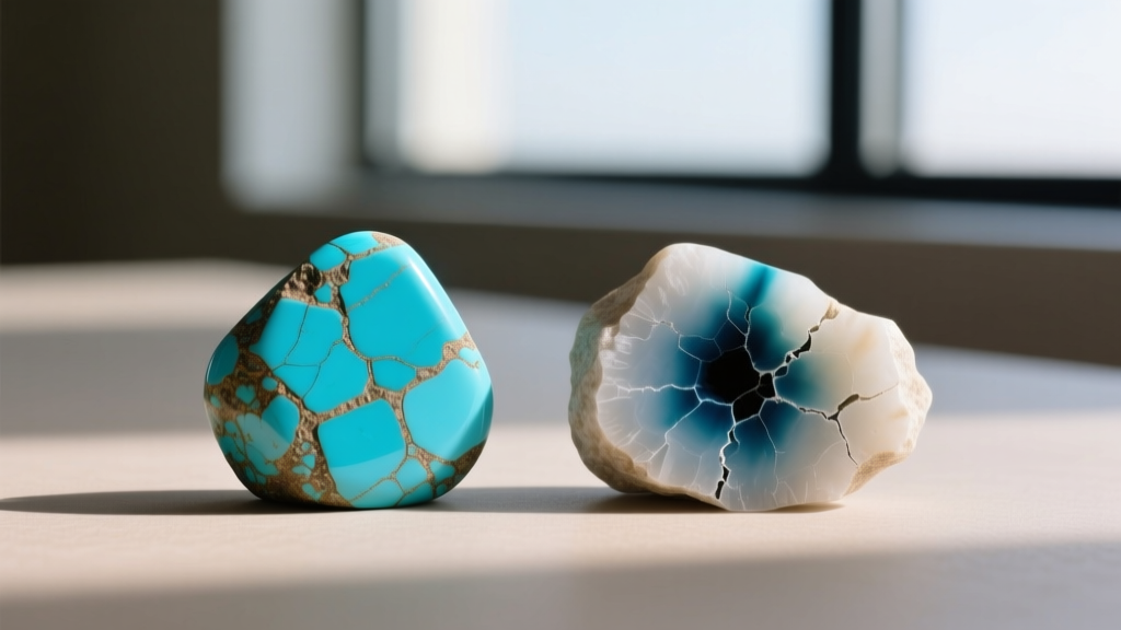 Gemological comparison showing genuine Kingman turquoise next to dyed howlite, revealing dye concentration in stone crevices