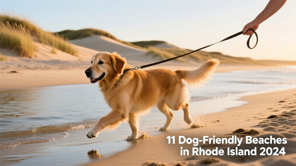 Leashed golden retriever trotting along the water’s edge at Compass Rose Beach, with dunes and coastal grasses visible behind