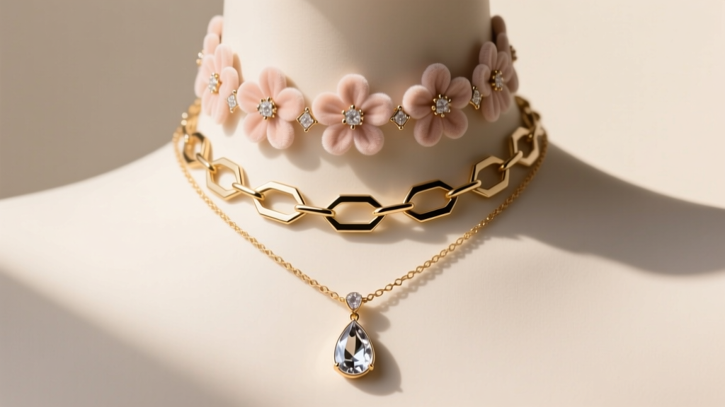 Front-facing portrait showing a three-tier layered necklace setup starting with a floral choker and ending with a long pendant