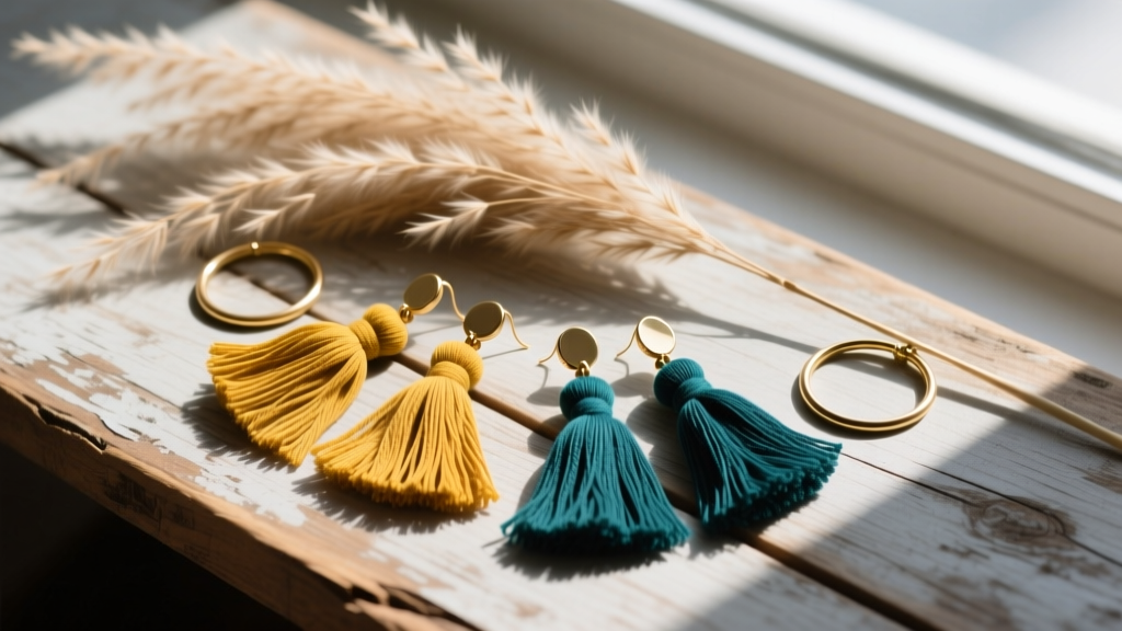 Overhead flat lay of mustard and teal cotton tassel earrings on rustic wood, styled with dried pampas grass and brass hoops