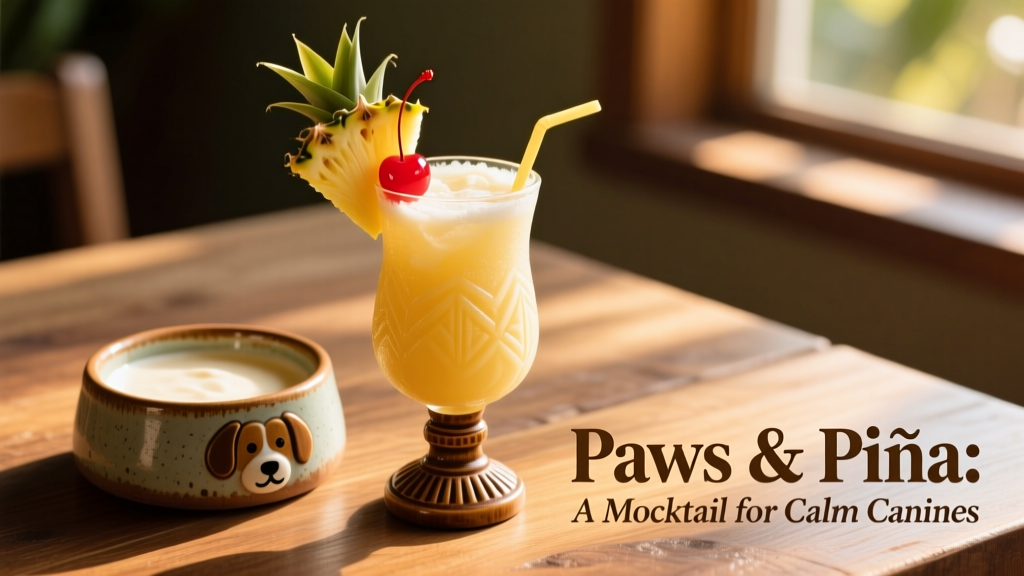 A tropical cocktail in a tiki glass with pineapple wedge and cherry garnish, next to a dog bowl containing the same creamy mocktail