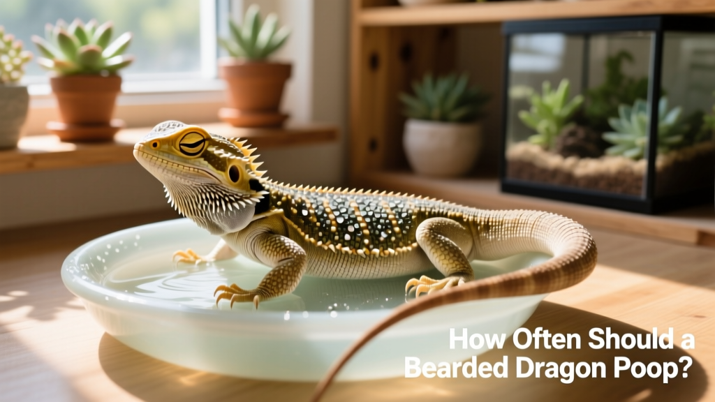 Bearded dragon soaking in a shallow water dish with gentle lighting