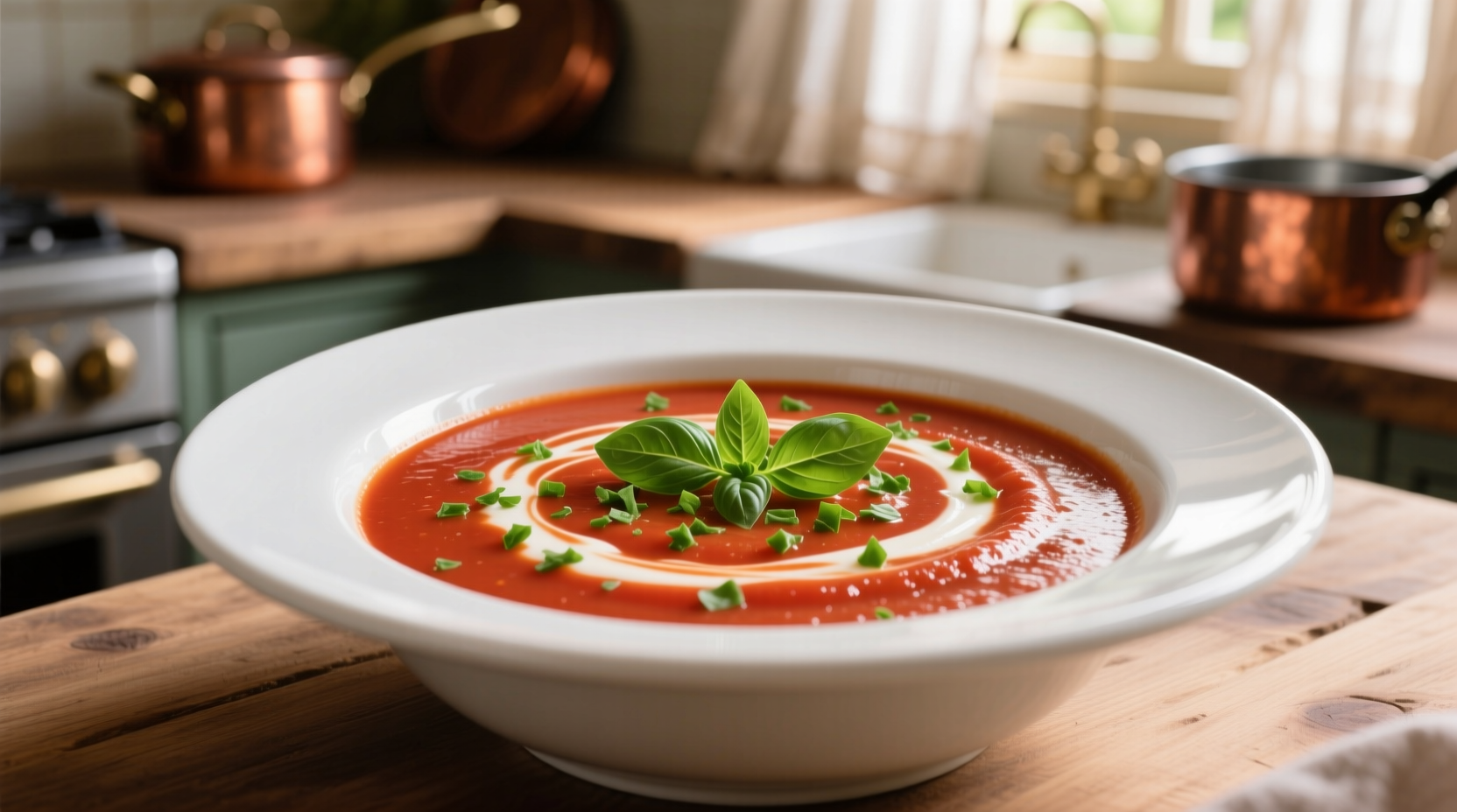Creamy tomato basil bisque in white bowl with fresh basil garnish