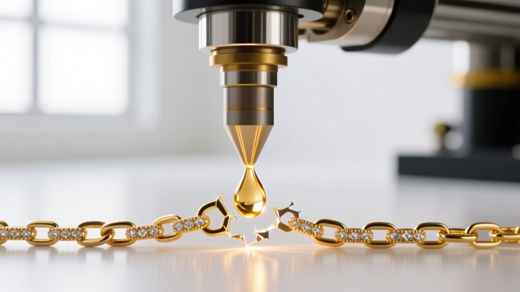 Extreme close-up of a laser welding machine precision tip repairing a broken micro-link on a lightweight 10k gold chain.