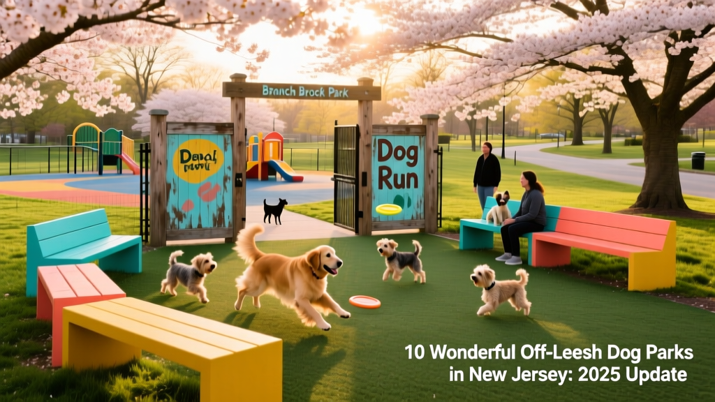 Branch Brook Park Dog Run with colorful benches, dual-gated entrance, and mix of artificial turf and grassy play areas under flowering cherry trees