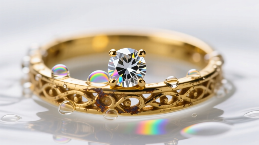 Macro photography of microscopic cavitation bubbles forming on a dirty 14k yellow gold diamond engagement ring submerged in water.