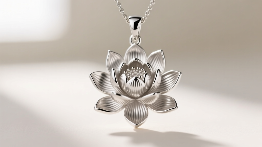 Macro shot of an Argentium silver lotus flower pendant with intricate petal detailing, illuminated by soft natural window light.