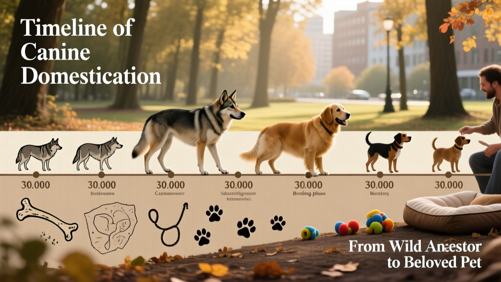 Timeline illustration showing key milestones in dog domestication over tens of thousands of years