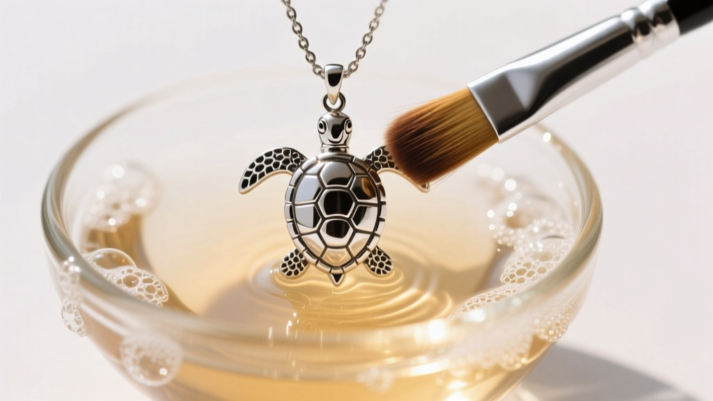 Soft brush gently cleaning intricate silver crevices of a sea turtle pendant submerged in a small glass bowl of warm soapy water.