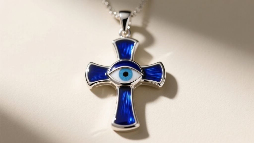 Macro shot of a sterling silver cross pendant with a vitreous blue enamel evil eye center and crisp silver bezel.