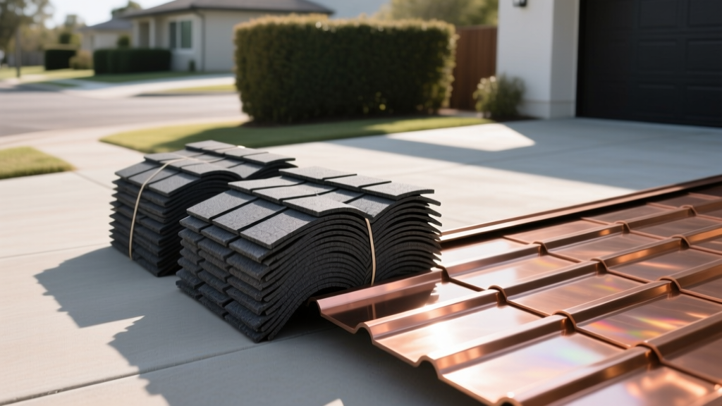 Stacked bundles of architectural asphalt shingles next to copper standing seam metal roofing panels on a residential driveway