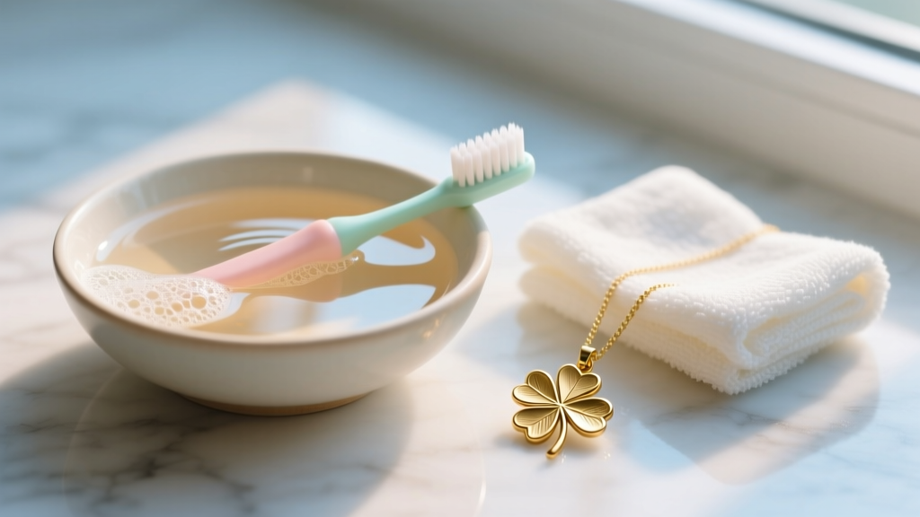 Bowl of warm soapy water, soft baby toothbrush, and microfiber cloth arranged next to a delicate gold four leaf clover pendant.