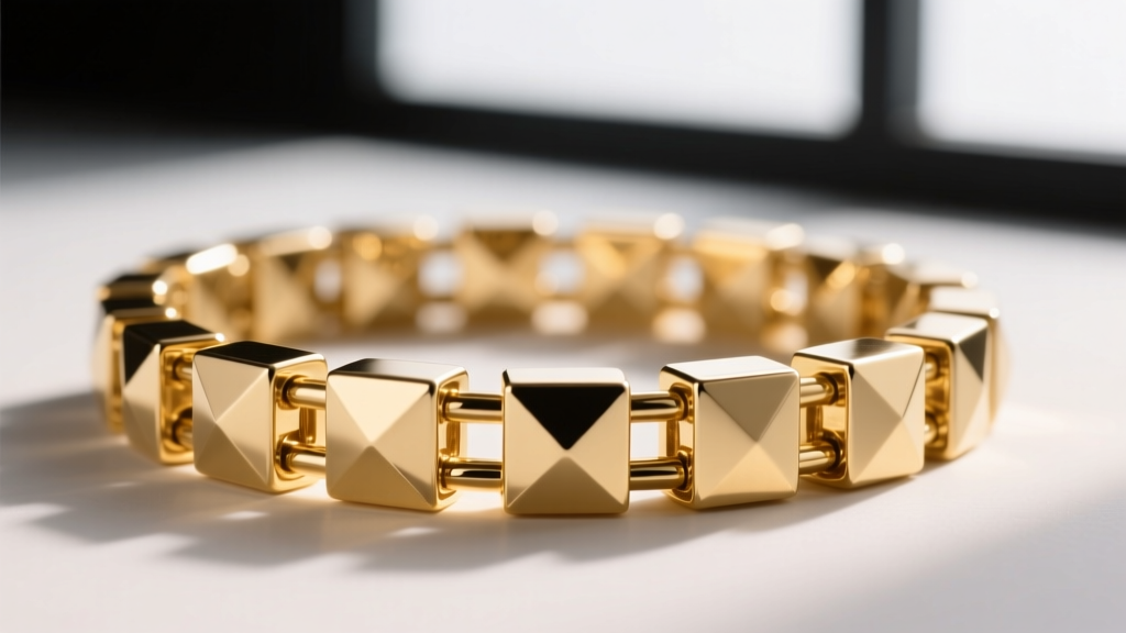 Extreme close-up of a 14k gold box chain link structure, revealing precise geometric interlocking squares and laser-welded seams