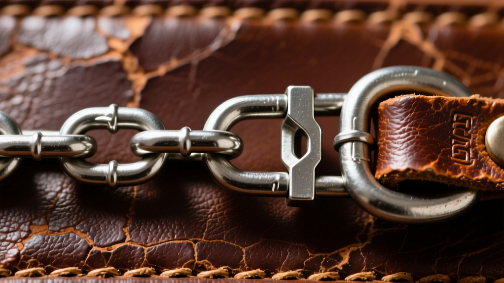 Macro shot of a 6mm stainless steel curb chain link connecting to a heavy-duty lobster clasp on a distressed leather background