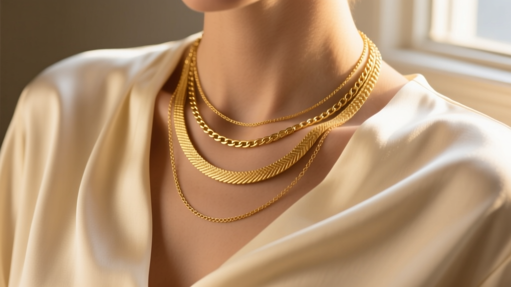 Close-up of three layered gold necklaces of varying thicknesses resting on a cream silk blouse in warm natural light
