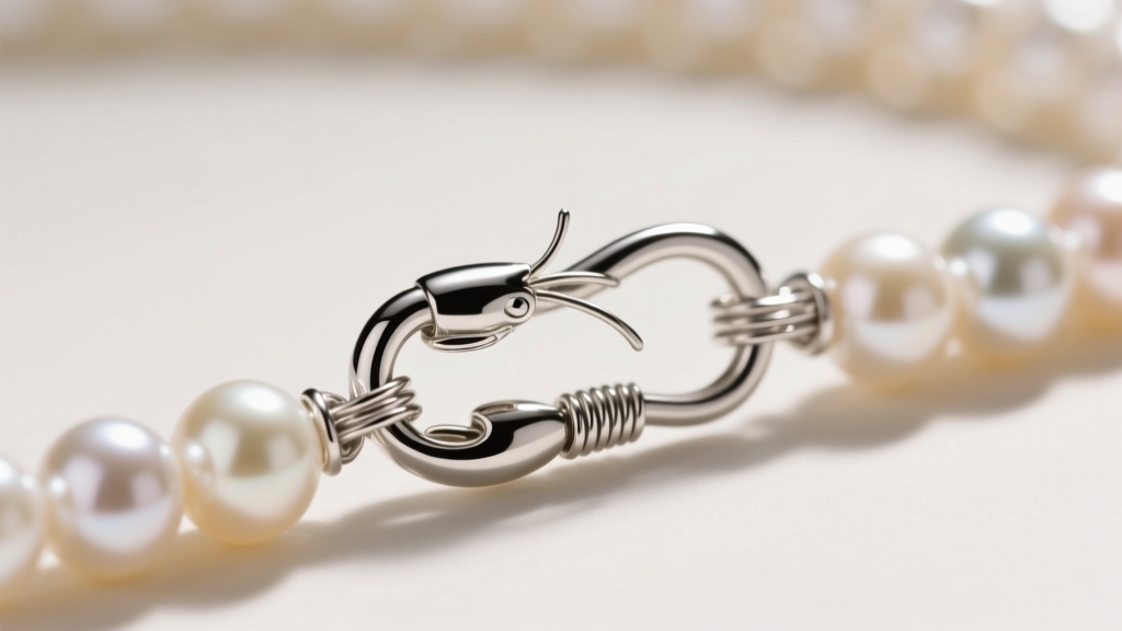 Close-up of a sterling silver lobster clasp connecting delicate pearl strands, highlighting the jump ring and wire wrap detail.