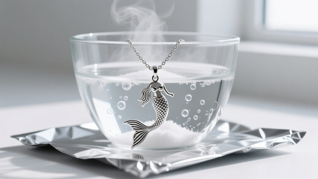 Sterling silver mermaid pendant chain submerged in a glass bowl of hot water and baking soda, resting on a sheet of aluminum foil