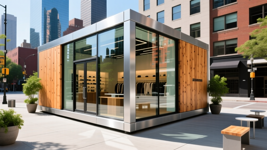 Architectural rendering of a sleek 400-square-foot modular pop-up retail prototype with glass storefronts and timber cladding on an urban lot