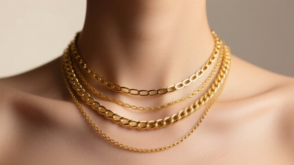 Close-up of a layered 14k gold necklace stack on a collarbone, showing box and cable chain textures under soft, warm studio lighting.