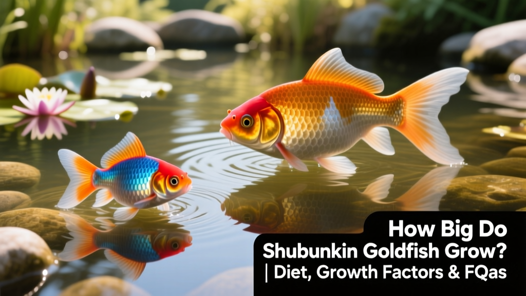 Side-by-side comparison showing a juvenile shubunkin (2 inches) next to a mature adult (10 inches) in a clear, well-maintained pond setting