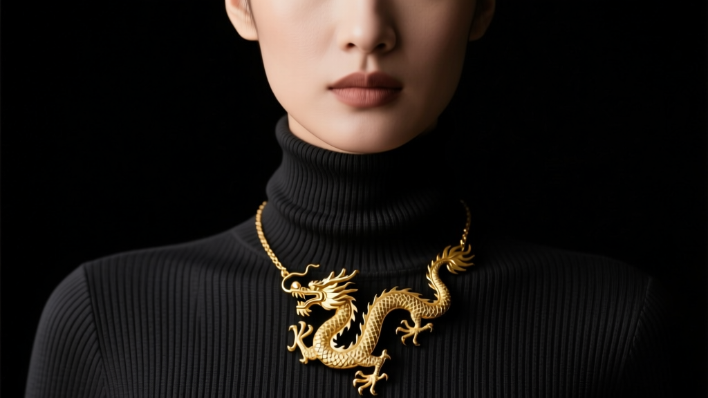 Model wearing an 18k gold dragon pendant necklace over a dark ribbed turtleneck, illuminated by moody cinematic studio lighting