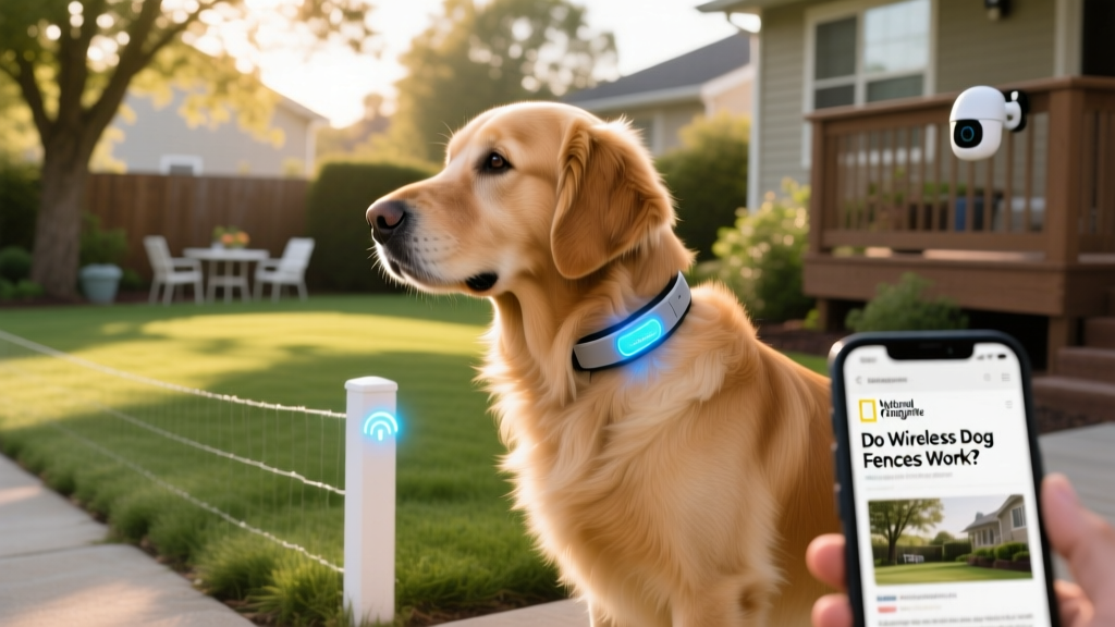 A dog wearing a wireless fence collar near a yard boundary line