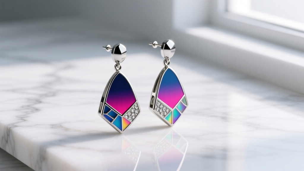Close-up of vibrant enamel and anodized titanium drop earrings resting on a white marble surface under soft, natural window light