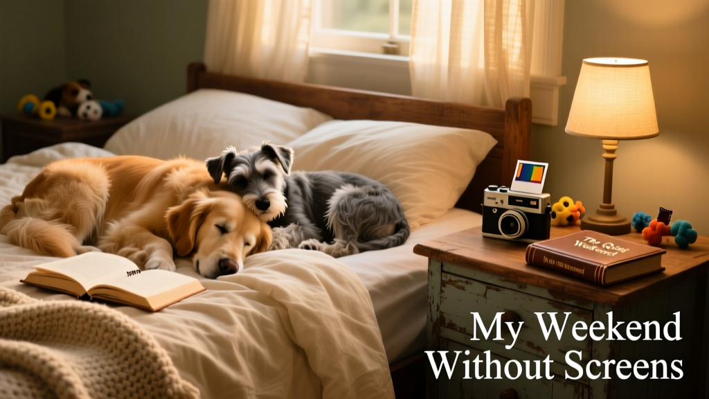 A cozy, dimly lit bedroom scene: two dogs sleeping soundly on a rumpled comforter beside a closed book and a vintage-style instant camera on a nightstand