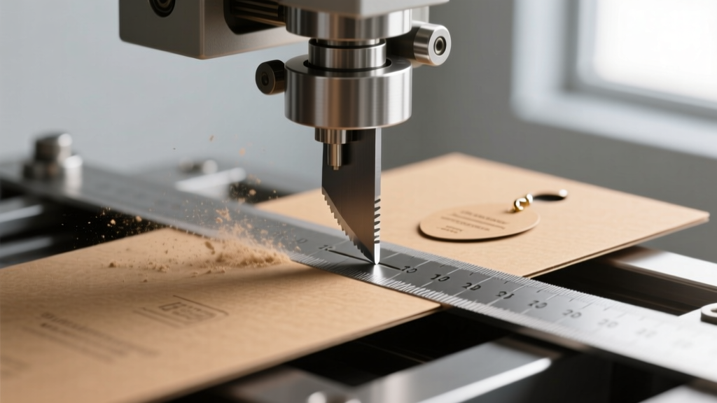 Close-up of a steel rule die cutting machine pressing precise 1.5mm slits into uncoated kraft custom earring card stock material