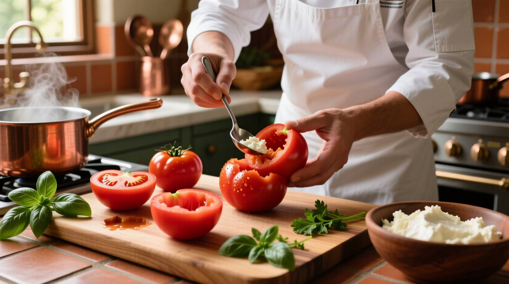 Chef preparing hollowed tomatoes for stuffing