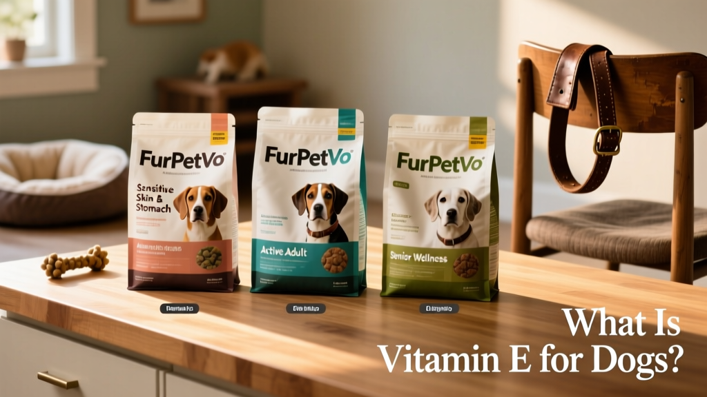 Side-by-side comparison of three FurPetVo dry dog food bags labeled 'Sensitive Skin & Stomach', 'Active Adult', and 'Senior Wellness'