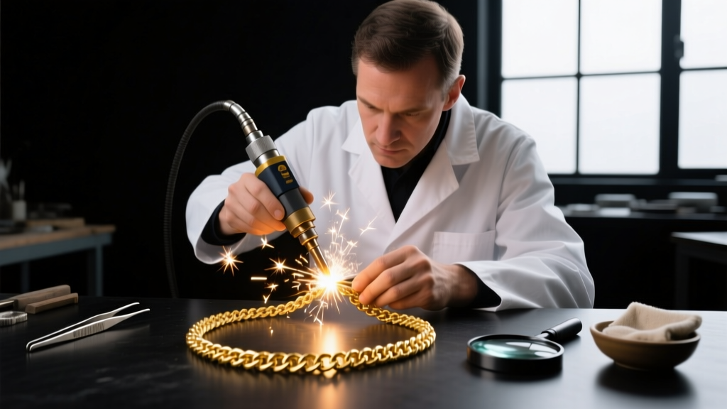 Jeweler using a laser welder to fix a snapped 14k gold rope chain, bright sparks illuminating the dark workbench