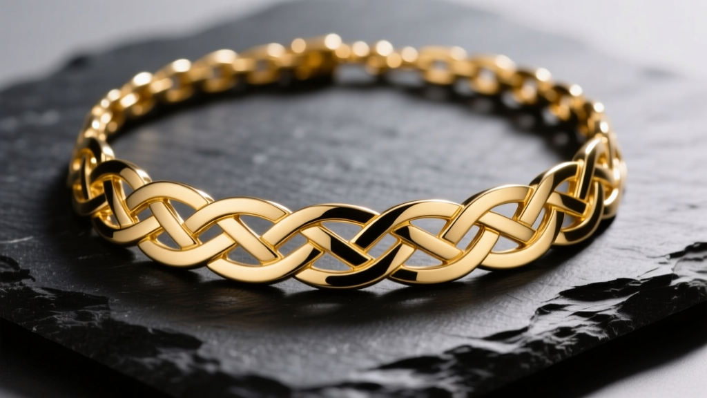 Close-up of an 18k yellow gold Greek key necklace on dark slate, highlighting the intricate continuous meander geometric pattern.