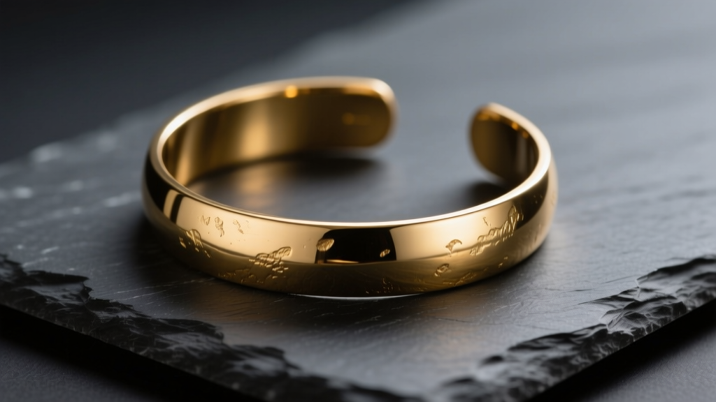 Polished brass cuff bracelet resting on dark slate, illuminated by warm directional lighting to highlight its rich golden luster.