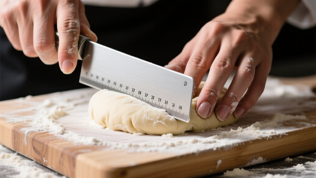 Chef hands using a stainless steel bench scraper with ruler markings to portion dough on a flour-dusted wooden block