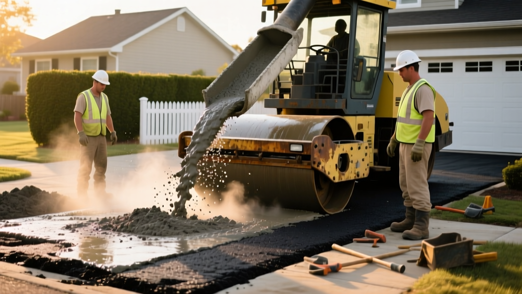 Crew pouring wet concrete next to a steamroller compacting fresh black asphalt in a bright suburban driveway installation scene