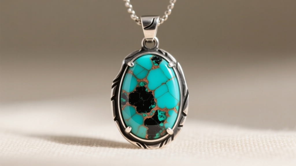 Chrysocolla pendant in oxidized silver, displaying a vibrant blue-green copper silicate matrix with natural black stone inclusions.