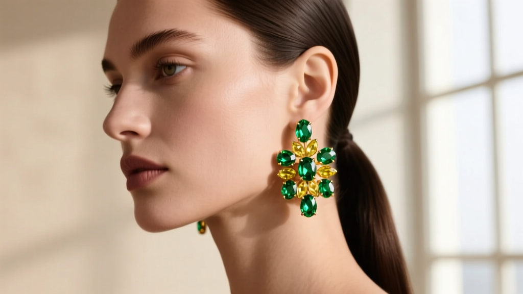 Model wearing intricate yellow gold green cluster earrings with marquise and round peridot gems against a soft beige backdrop