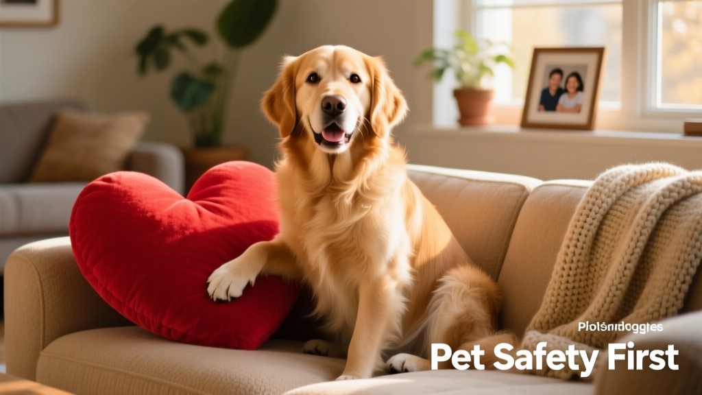 A happy Golden Retriever sitting beside a large red heart-shaped cushion on a cozy sofa