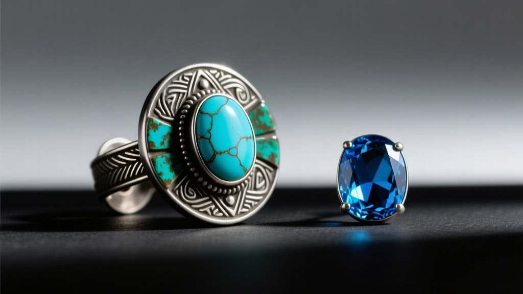 Macro shot of a 1940s Native American coin silver earring clasp showing patina next to a spiderweb Kingman turquoise cabochon gem.