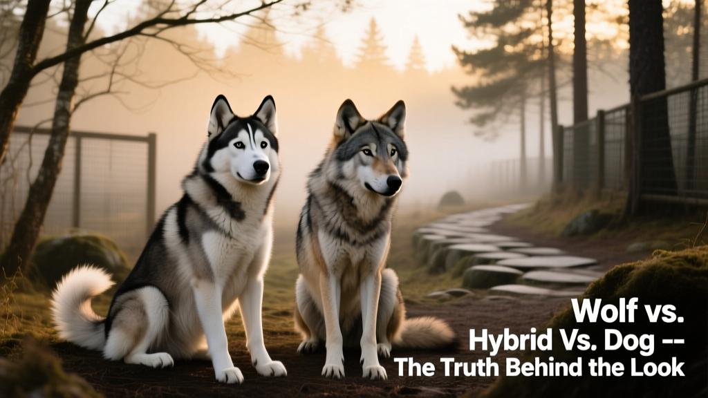 A Siberian Husky sitting calmly beside a wolf in a controlled, professional wildlife setting—highlighting visual similarities but clear behavioral differences