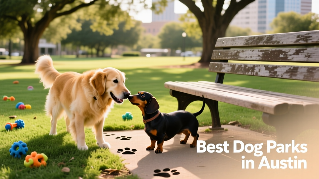 Two dogs playfully sniffing each other near a shaded bench in a well-maintained, grassy dog park
