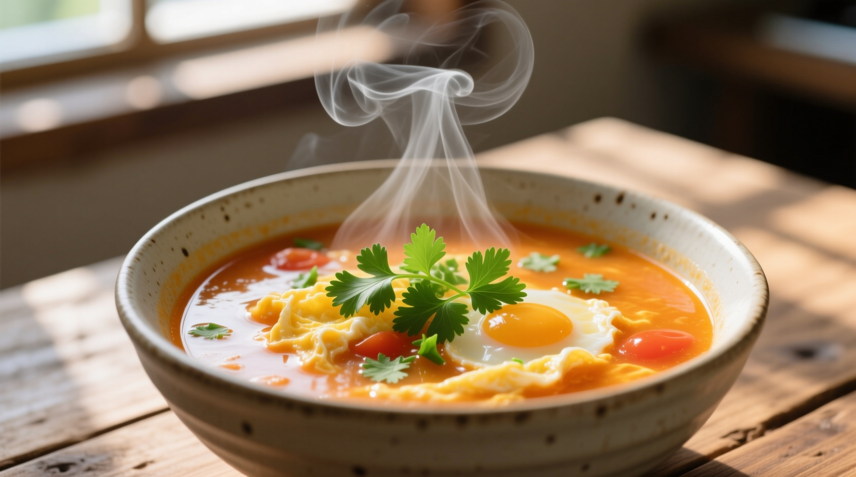 Steaming bowl of egg drop tomato soup with herb garnish
