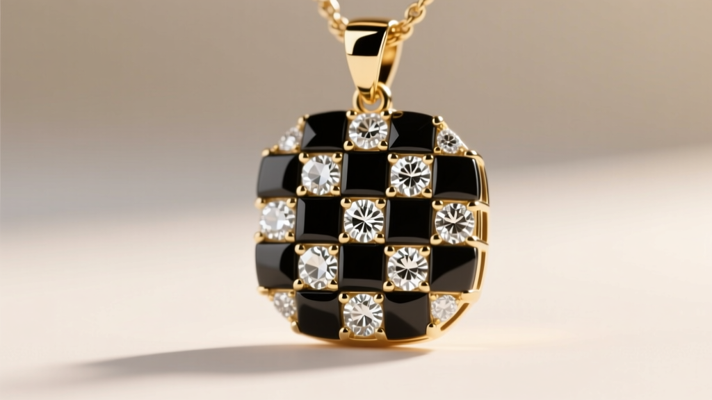 Macro shot of a black rhodium-plated gold pendant featuring a checkerboard pattern of matte onyx and brilliant-cut white diamonds
