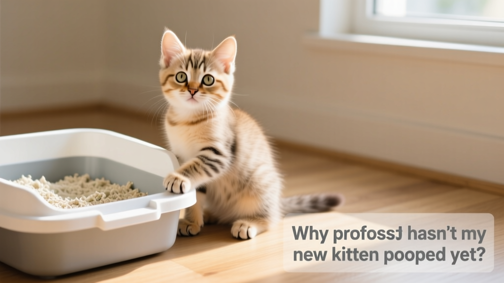 A curious 8-week-old kitten sitting beside a clean litter box, looking alert and healthy