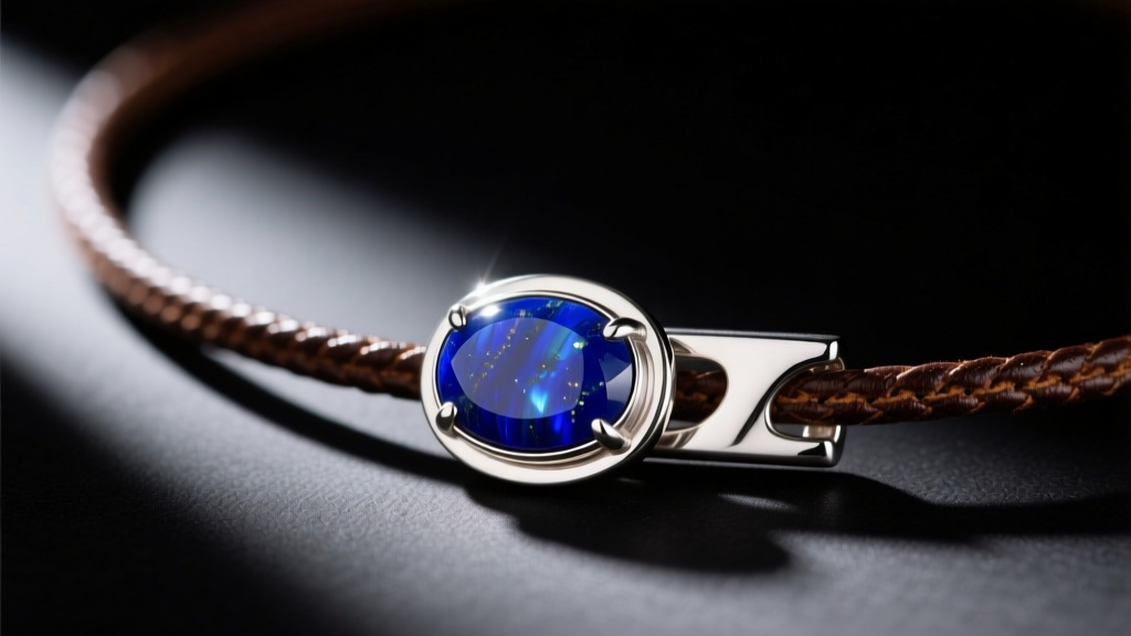 Macro shot of a sterling silver tie necklace slide with a bezel-set oval lapis lazuli stone resting on a dark brown leather cord.