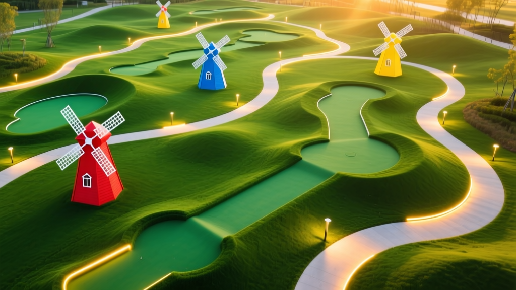 Aerial view of outdoor putt putt course with bright synthetic turf, colorful fiberglass windmill obstacles, and warm LED pathway lighting