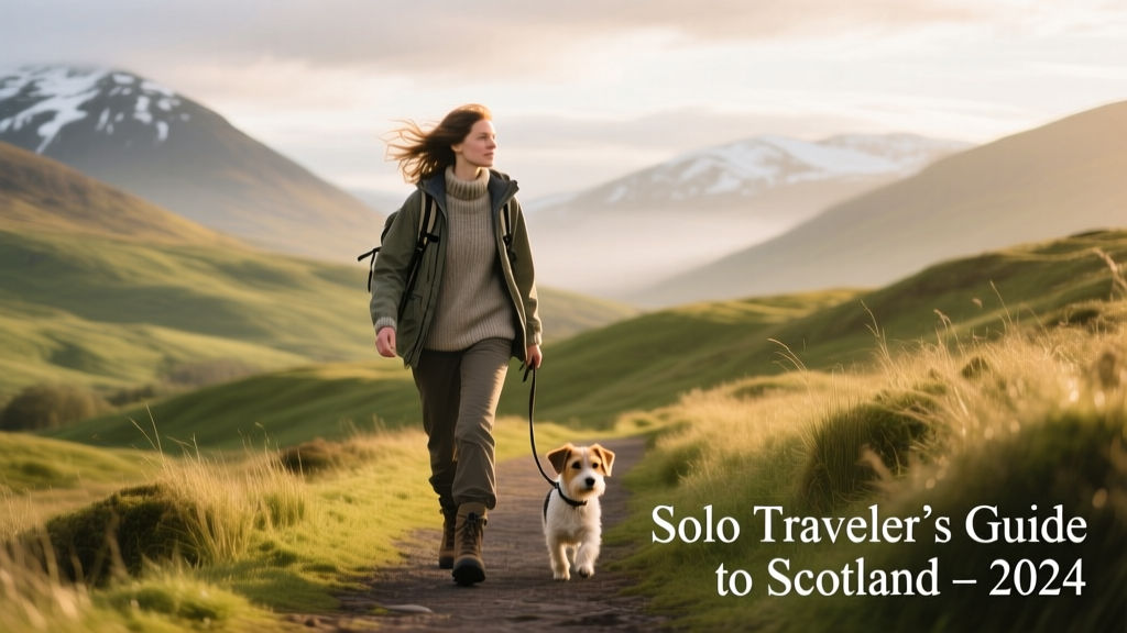 A solo female traveler walking confidently along a scenic Highland path with rolling green hills and distant mountains