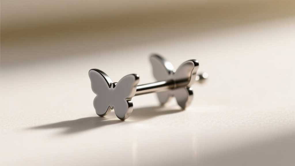 Macro shot of an 18-gauge titanium earring post and butterfly backing, showing the matte grey hypoallergenic finish in soft light