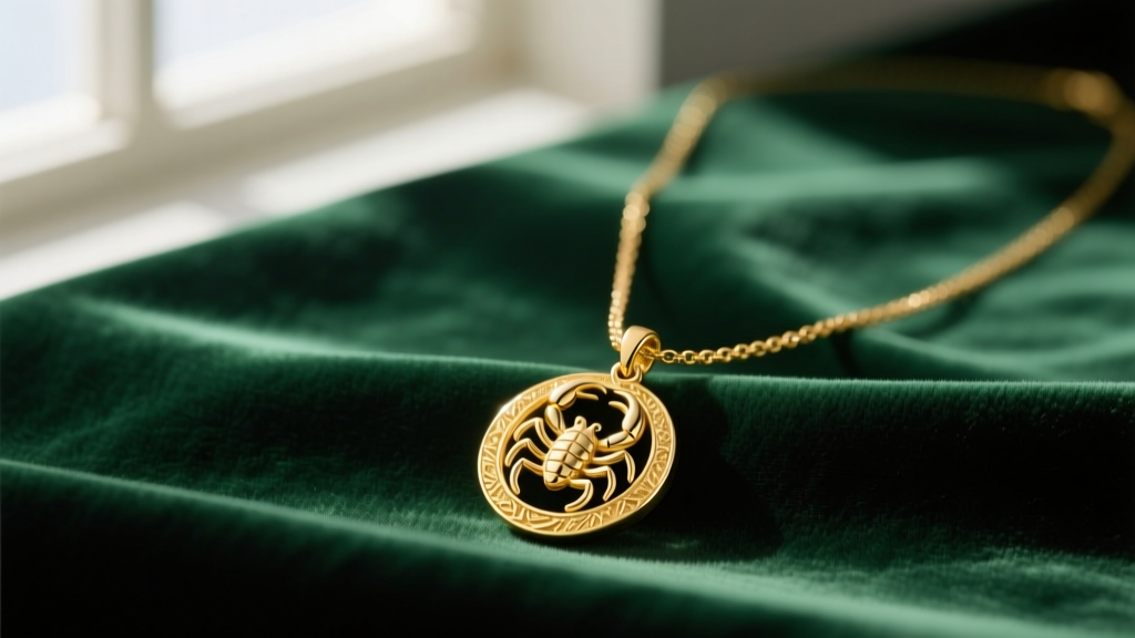 Elegant flat lay of a 14k yellow gold zodiac charm necklace with a textured Scorpio pendant resting on dark green velvet fabric.